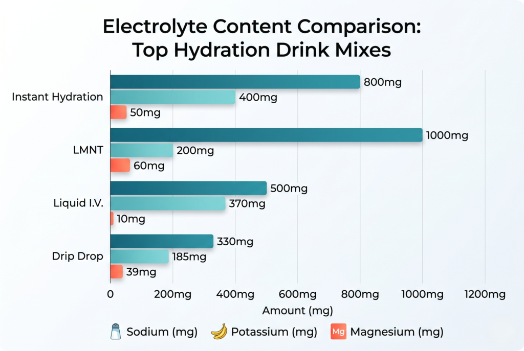 Electrolyte content comparison: Instant Hydration vs LMNT, Liquid IV, Drip Drop