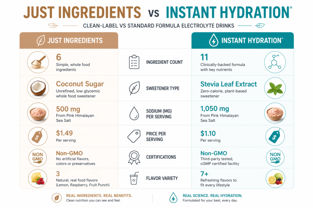 Just Ingredients 8-ingredient label vs Instant Hydration 15-ingredient formula