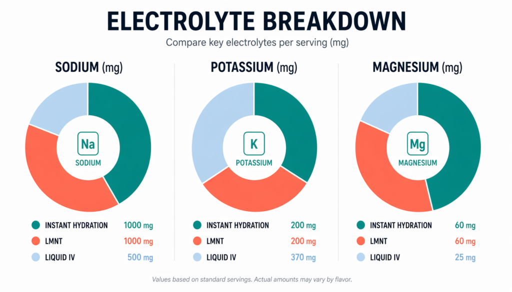 Sodium, potassium, magnesium comparison — Instant Hydration vs LMNT vs Liquid IV