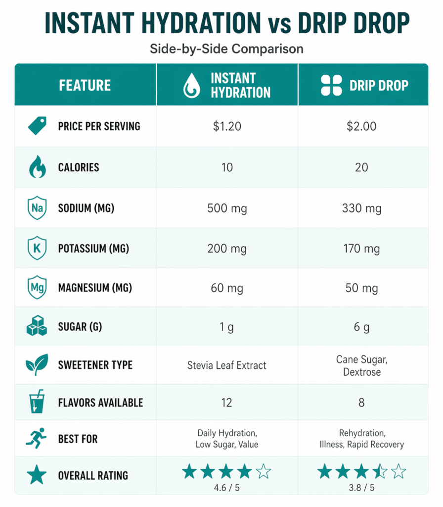 Instant Hydration vs Drip Drop — sodium, potassium, magnesium, sugar