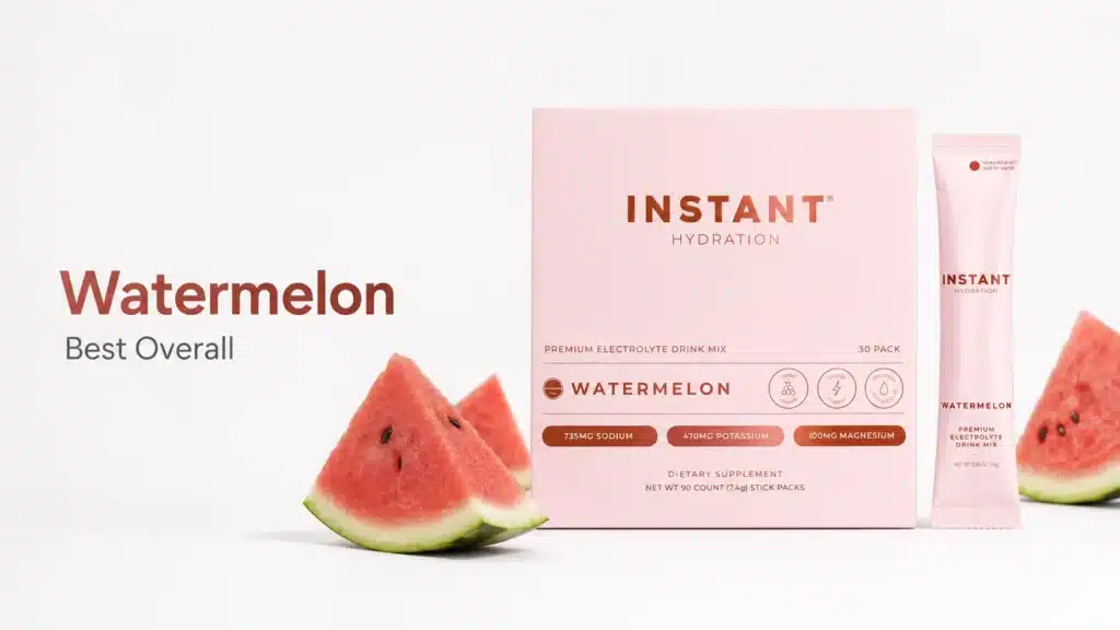 Instant Hydration Watermelon box and stick pack with fresh watermelon slices