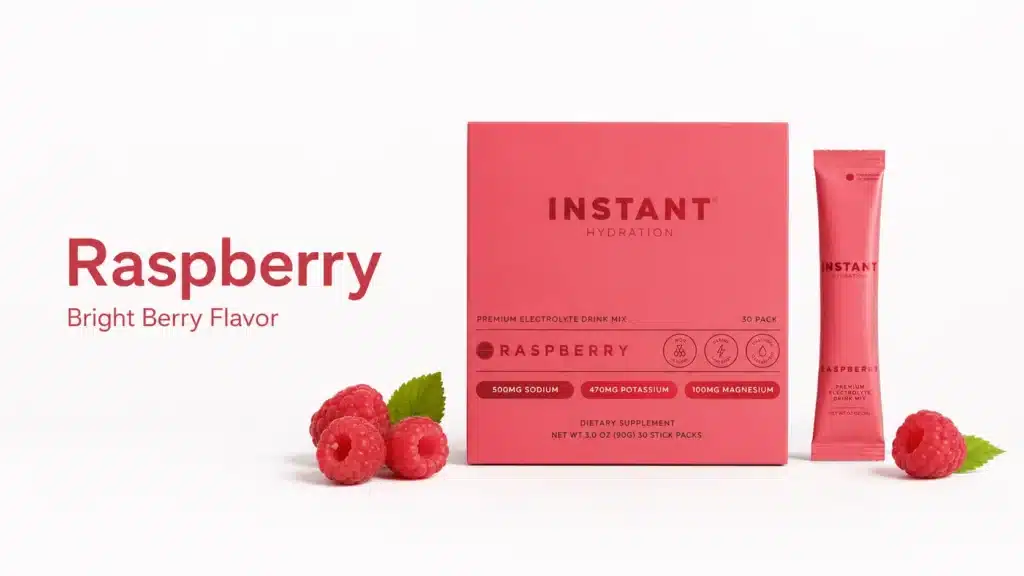 Instant Hydration Raspberry box and stick pack with fresh raspberries