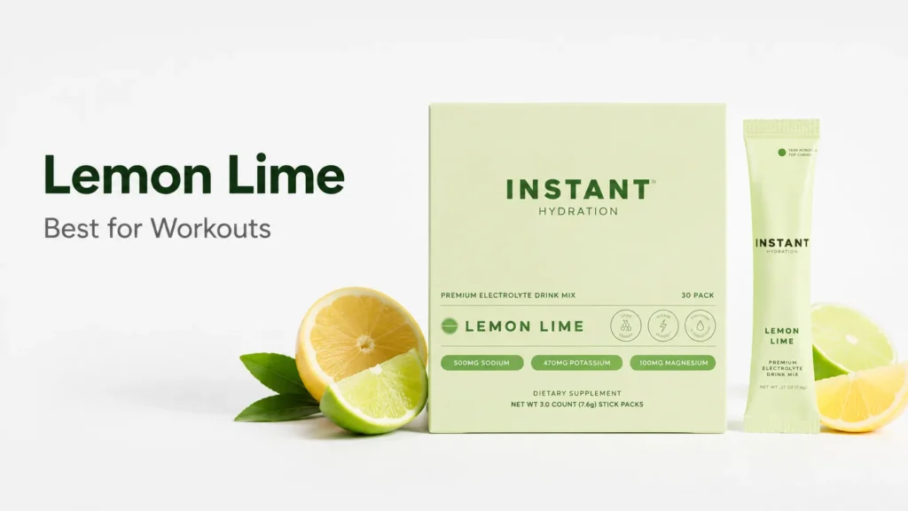 Instant Hydration Lemon Lime box and stick pack with lemon and lime slices