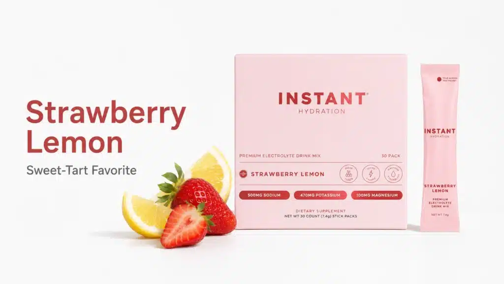 Instant Hydration Strawberry Lemon box and stick pack with strawberries and lemon