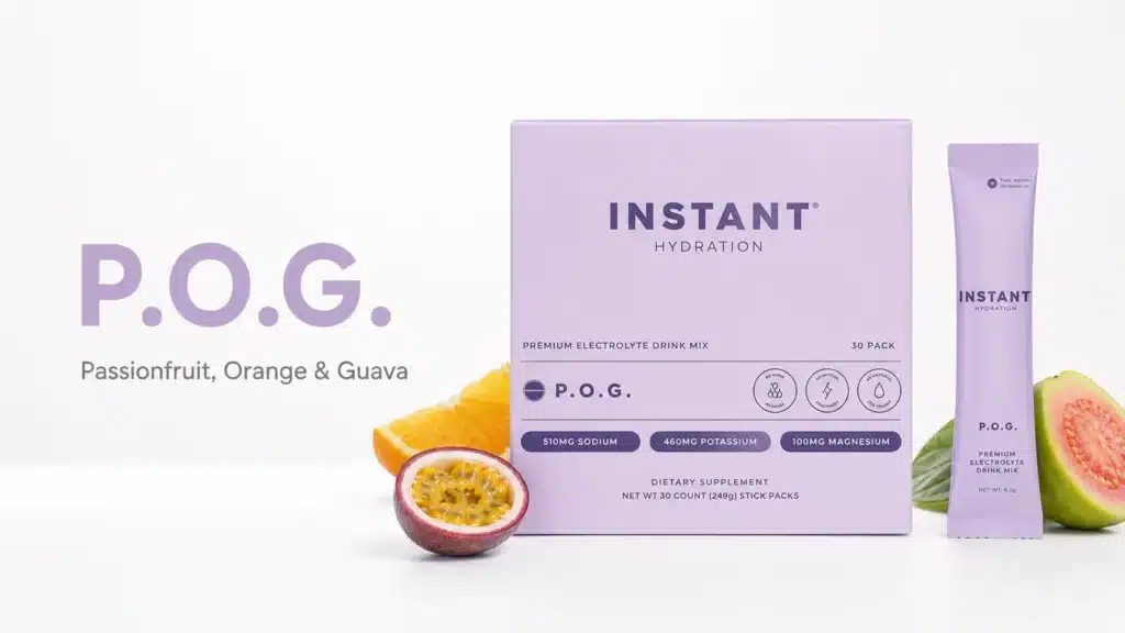 Instant Hydration P.O.G. box and stick pack with passionfruit orange and guava