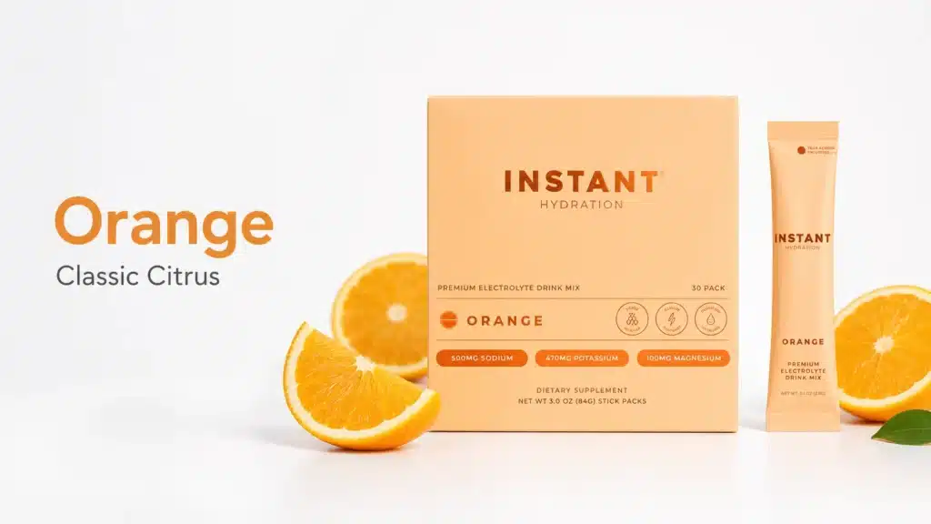 Instant Hydration Orange box and stick pack with fresh orange slices