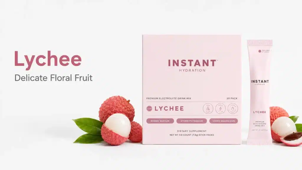 Instant Hydration Lychee box and stick pack with fresh lychee fruit