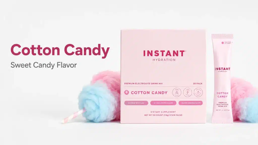 Instant Hydration Cotton Candy box and stick pack with pink and blue cotton candy