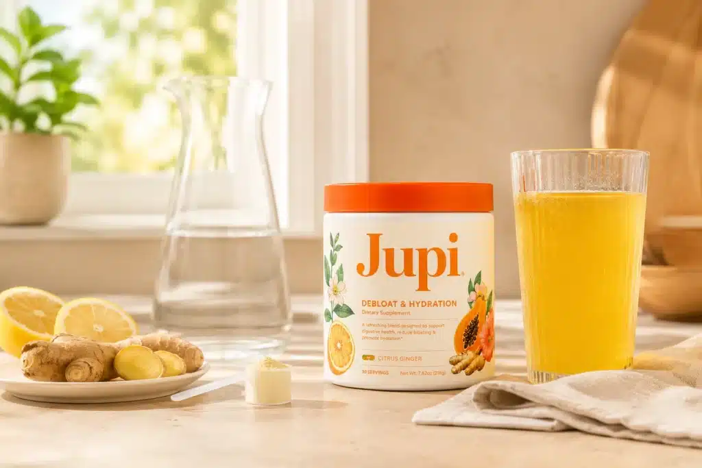 Jupi Hydration citrus ginger powder beside a glass of yellow electrolyte drink and measuring scoop