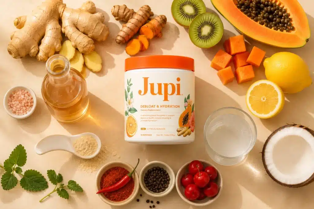 Jupi Hydration ingredients including ginger, turmeric, kiwi, papaya, lemon, apple cider vinegar, and electrolytes