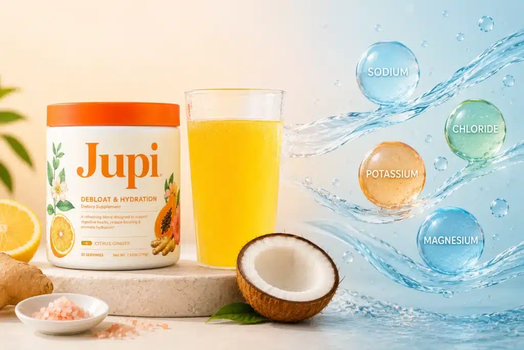 Jupi Hydration with ginger, turmeric, kiwi, papaya, lemon, and other digestive-support ingredients
