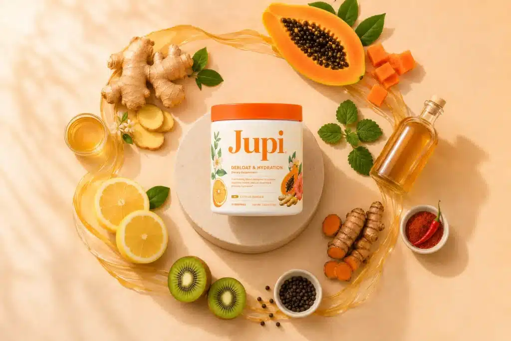 Jupi Hydration with ginger, turmeric, kiwi, papaya, lemon, and other digestive-support ingredients