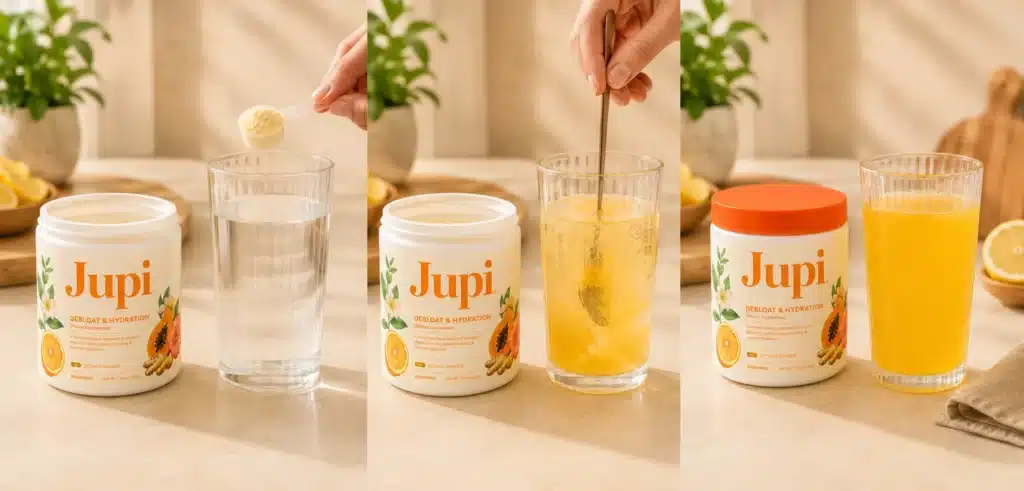 How to use Jupi Hydration by adding one scoop to water, mixing, and drinking once daily