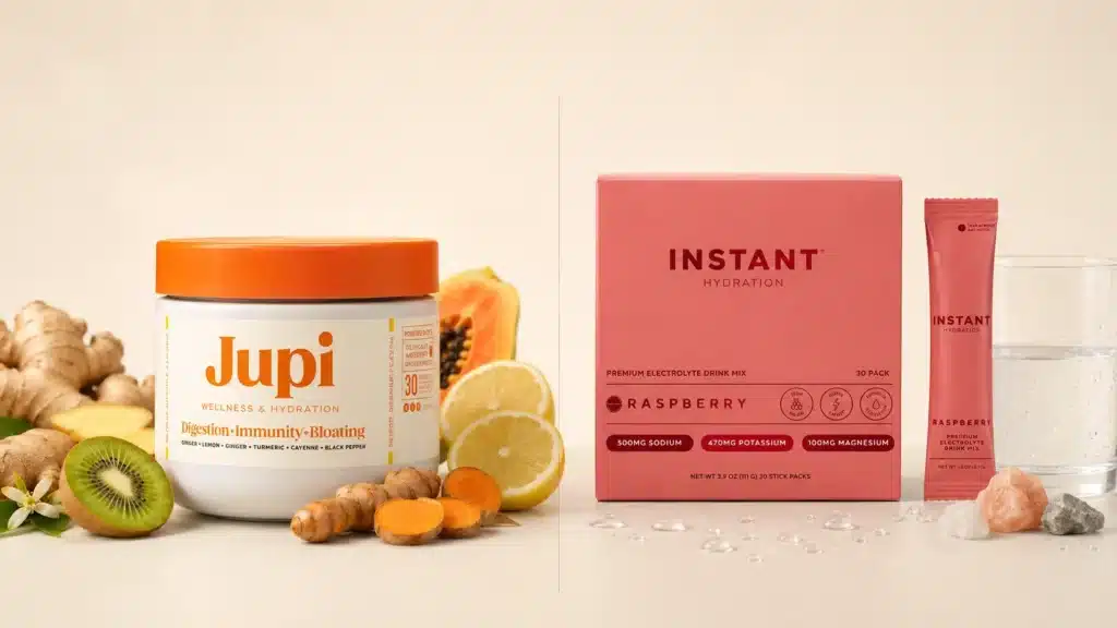 Jupi Hydration vs Instant Hydration comparison showing digestive ingredients and electrolyte-focused hydration