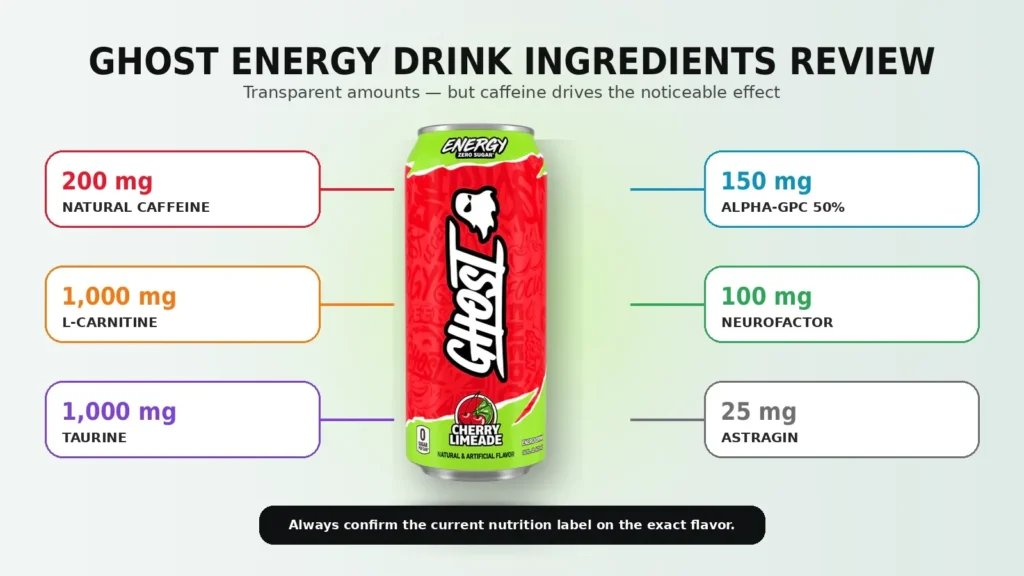 Ghost Energy Drink ingredients review showing caffeine, taurine, L-carnitine, Alpha-GPC, NeuroFactor and AstraGin