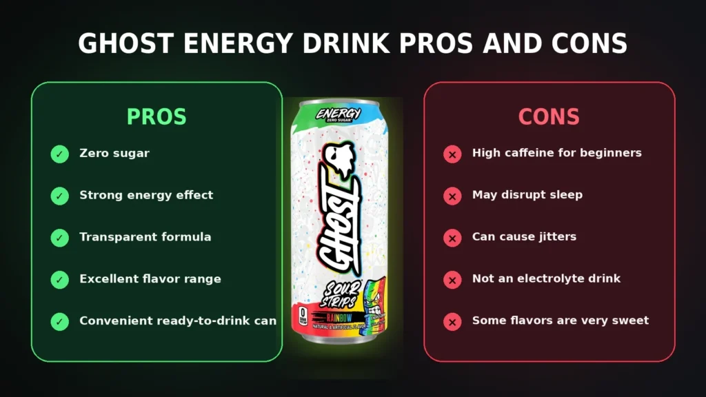 Ghost Energy Drink pros and cons including zero sugar, strong energy and high caffeine