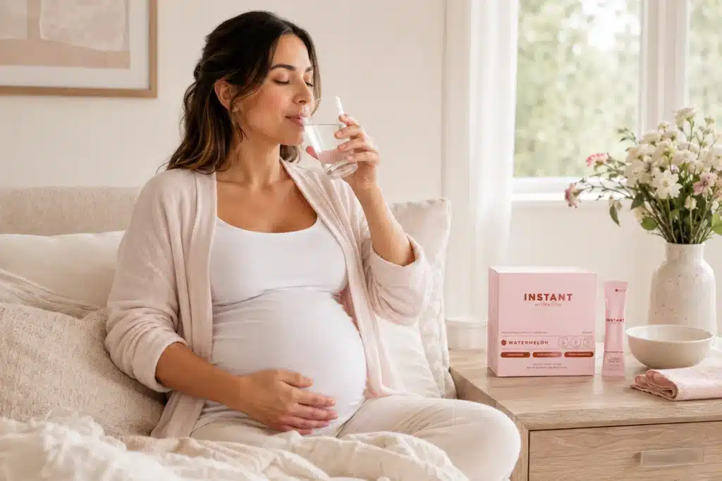 Pregnant woman sipping electrolyte water during mild morning sickness