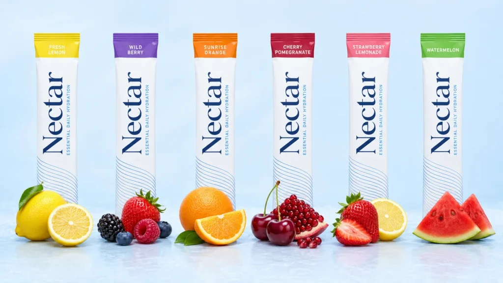 Six Nectar Hydration flavors including lemon, berry, orange, cherry pomegranate, strawberry lemonade and watermelon