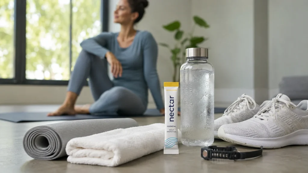 Nectar Hydration packet and water bottle after a light yoga workout