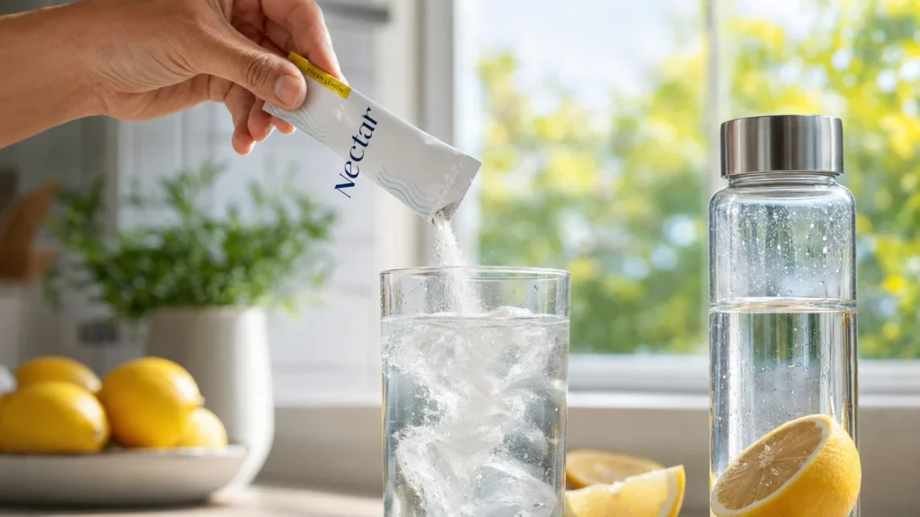 Nectar Hydration Fresh Lemon packet being mixed into a glass of cold water