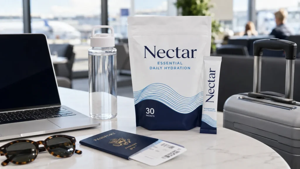Nectar Hydration Fresh Lemon packet being mixed into a glass of cold water