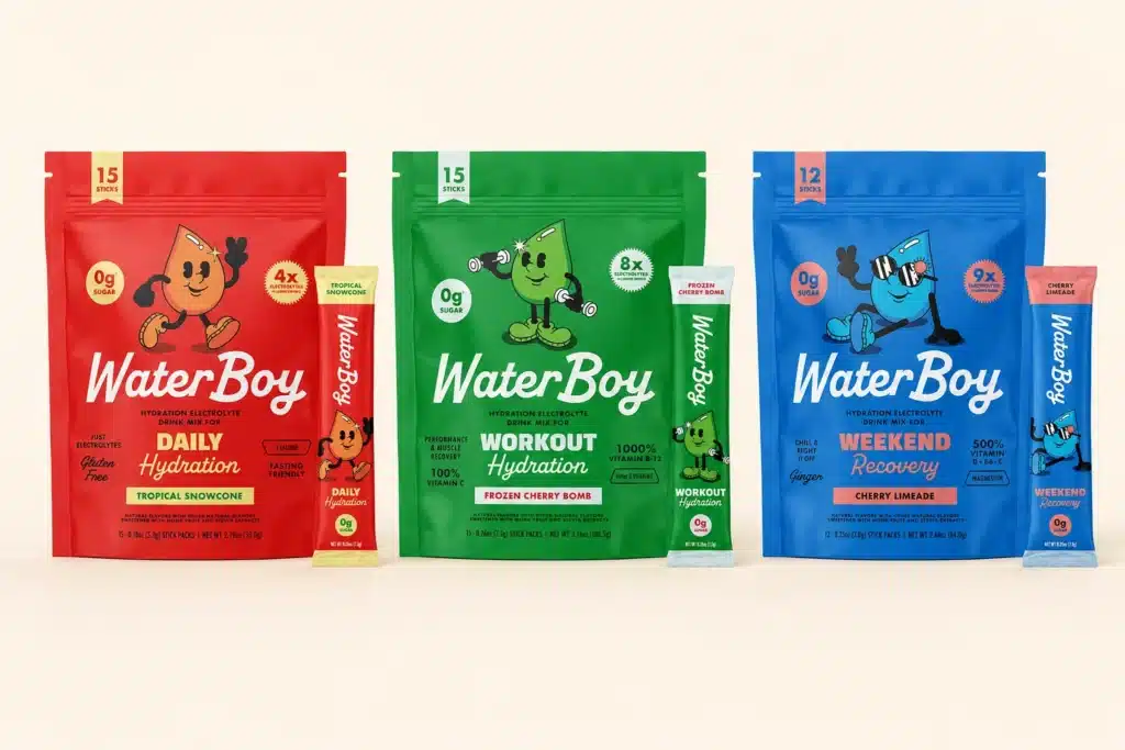 Waterboy Daily, Workout and Weekend Recovery hydration pouches and stick packets