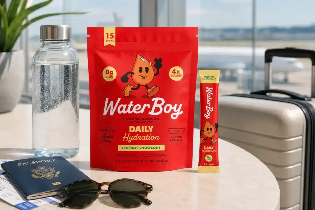 Waterboy Daily Hydration Tropical Snowcone packet beside a water bottle and travel essentials