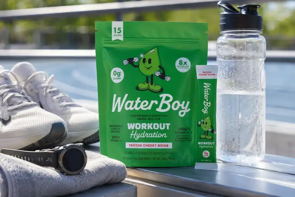Waterboy Workout Hydration Frozen Cherry Bomb packet beside running gear and cold water