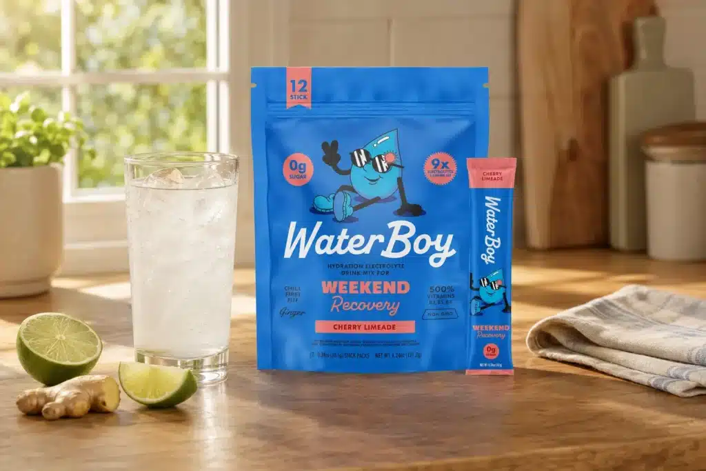 Waterboy Weekend Recovery Cherry Limeade packet with cold water, lime and ginger