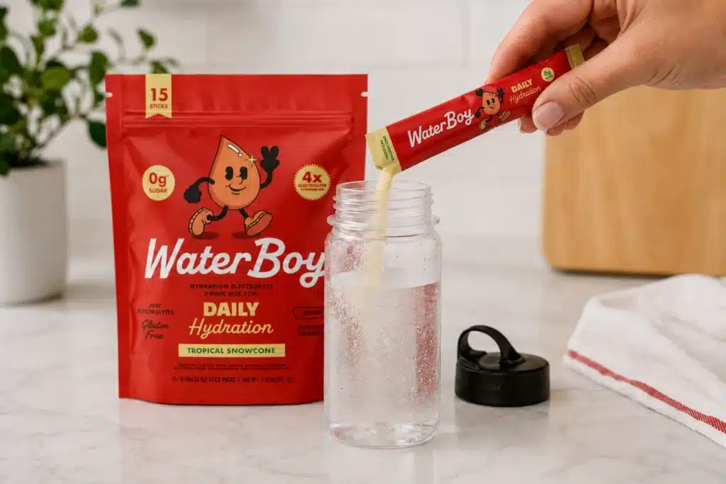 Waterboy Daily Hydration powder being poured into a clear bottle of cold water