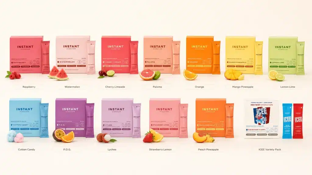 Instant Hydration flavor lineup including Raspberry Watermelon Cherry Limeade Orange Lemon Lime and ICEE