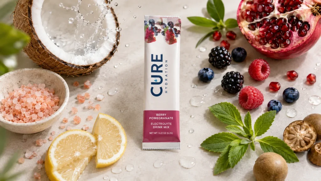 Cure Hydration ingredients with coconut water pink Himalayan salt stevia monk fruit and fruit