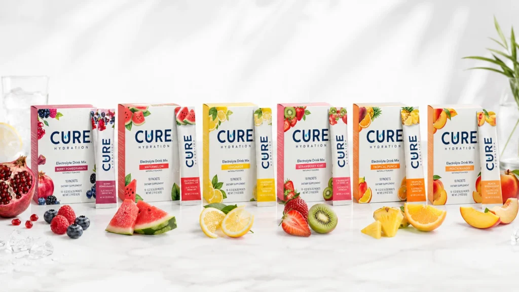 Cure Hydration flavors lineup including Berry Pomegranate Watermelon Lemonade Strawberry Kiwi Tropical Punch and Peach Mango