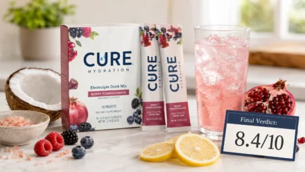 Cure Hydration review feature image with Berry Pomegranate electrolyte drink mix
