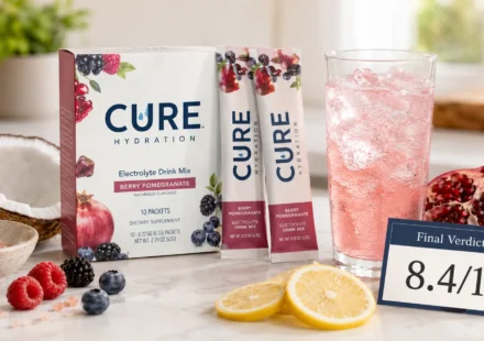 Cure Hydration review feature image with Berry Pomegranate electrolyte drink mix