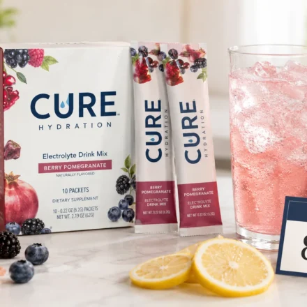 Cure Hydration Review 2026: Is It Actually Worth Buying? Cure Hydration review feature image with Berry Pomegranate electrolyte drink mix