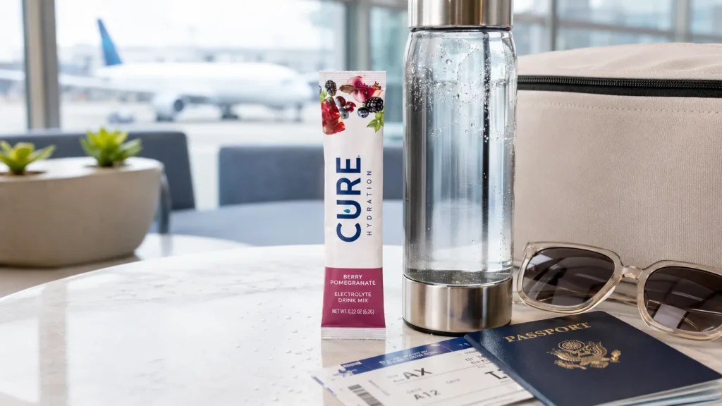 ALT text: Cure Hydration travel image with electrolyte packet water bottle passport and carry on bag