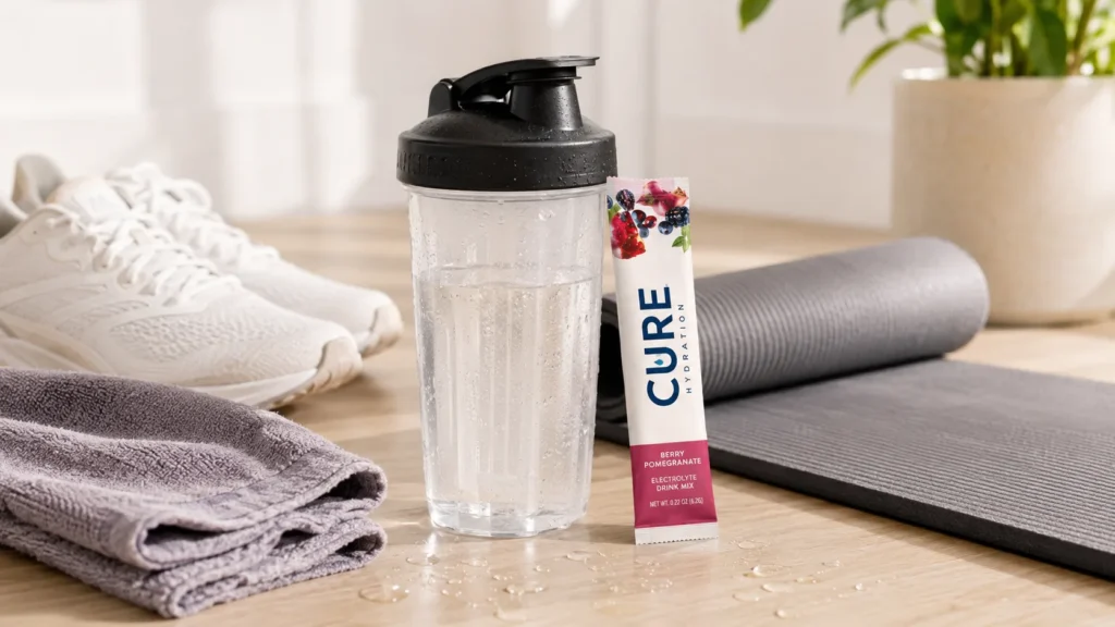 Cure Hydration workout image with electrolyte packet shaker bottle towel and running shoes