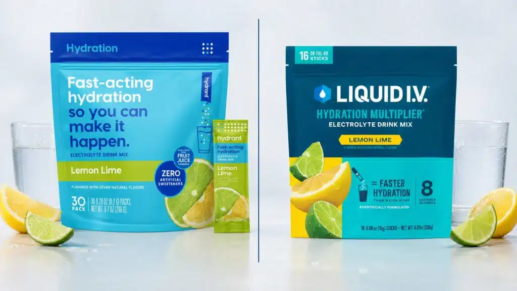 Hydrant HYDRATE and Liquid IV Hydration Multiplier packets side by side