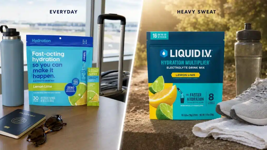 Hydrant for daily hydration versus Liquid IV for heavy sweating