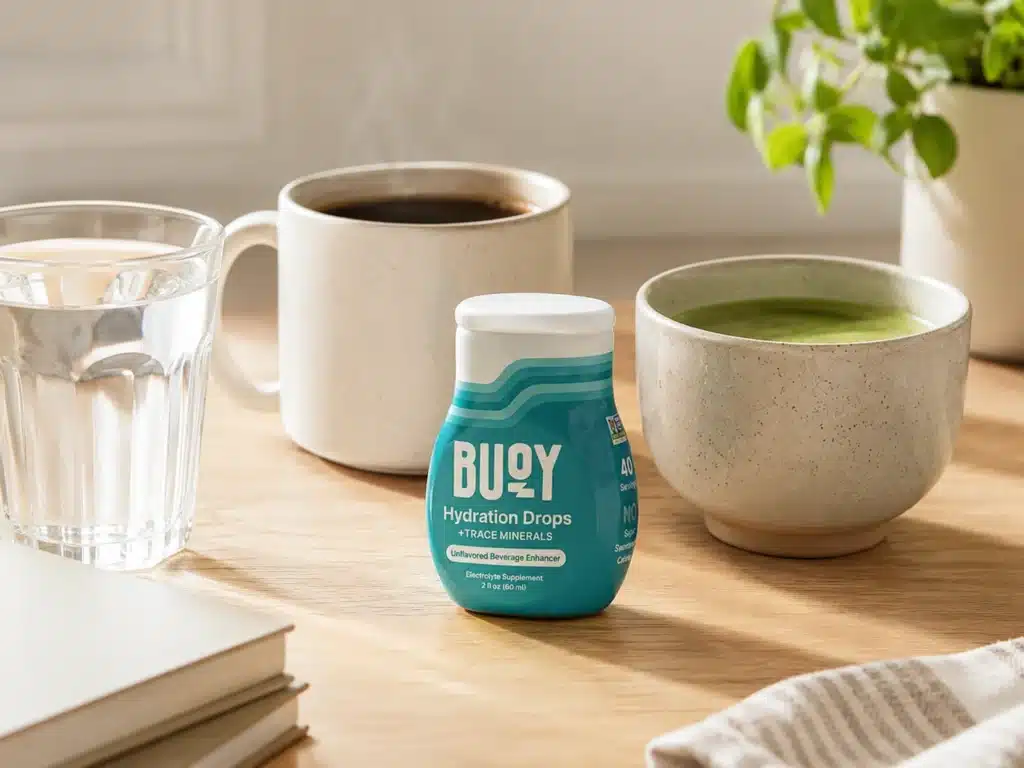 Buoy electrolyte drops with water coffee and matcha