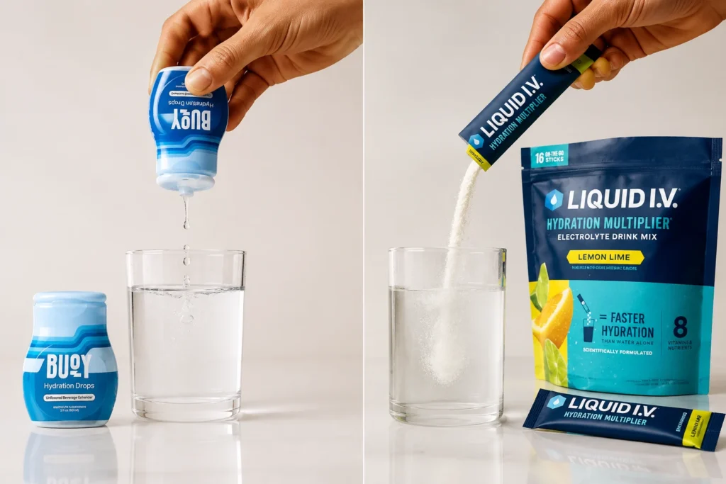 Buoy Hydration Drops versus Liquid IV powder stick showing the difference in electrolyte formats