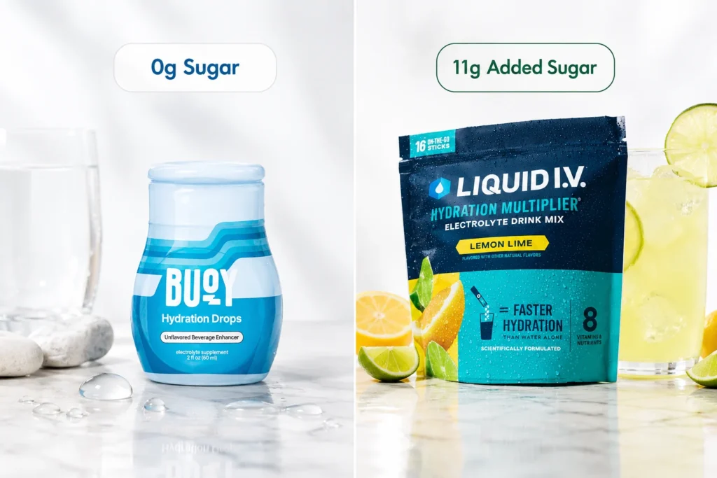Buoy vs Liquid IV sugar comparison showing zero sugar Buoy Hydration Drops and classic Liquid I.V. Lemon Lime