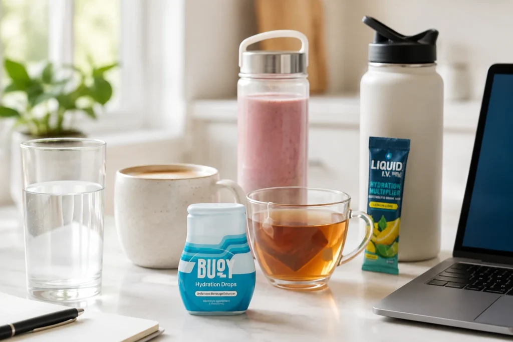 Buoy Hydration Drops added to everyday drinks compared with a Liquid IV electrolyte water bottle
