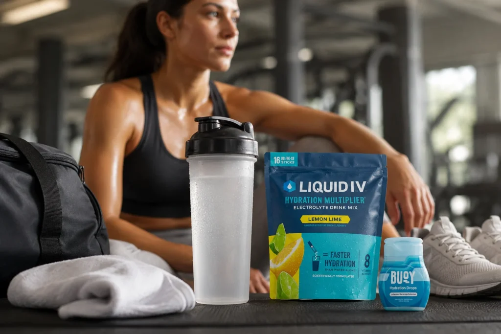 Buoy vs Liquid IV for workouts with electrolyte products beside a gym water bottle and workout gear