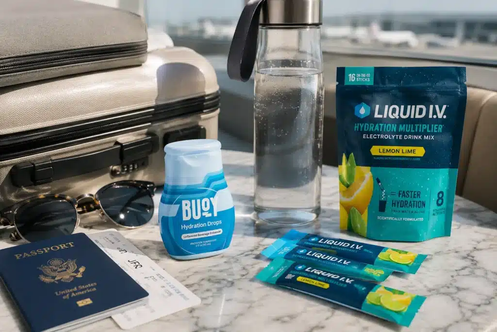 Buoy vs Liquid IV travel hydration comparison with electrolyte drops, powder sticks and carry-on essentials