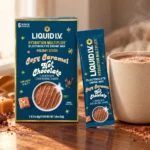Liquid IV Cozy Caramel Hot Chocolate review with carton, packet and warm mug