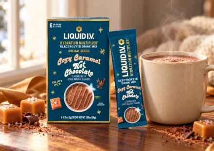 Liquid IV Cozy Caramel Hot Chocolate review with carton, packet and warm mug