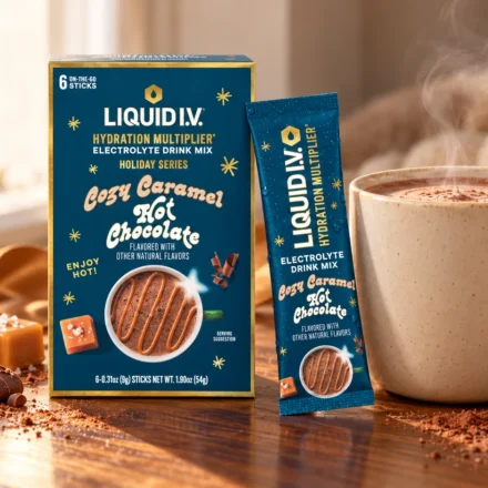 Liquid IV Cozy Caramel Hot Chocolate review with carton, packet and warm mug