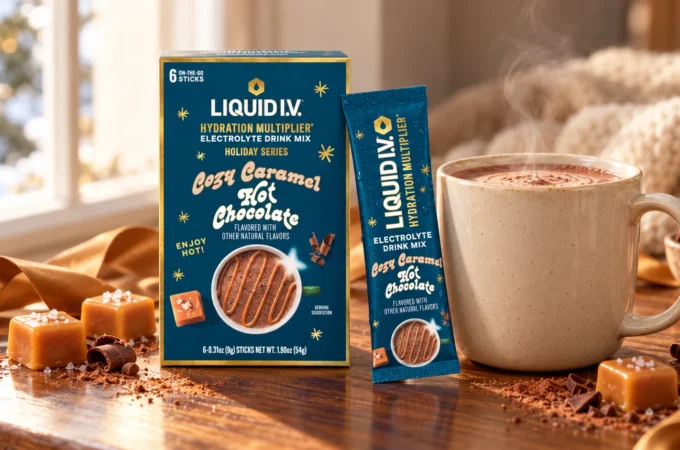 Liquid IV Cozy Caramel Hot Chocolate review with carton, packet and warm mug